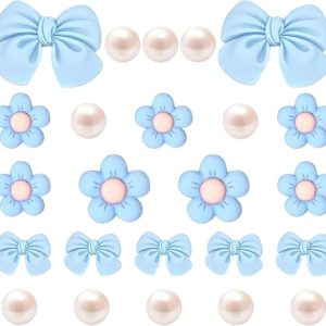DFORD Pink Bow Shoe Charms for Girls, 24PCS Cute Flower Pearl Accessories for Clog Sandals
