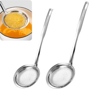 DFORD 2 Pack Fine Mesh Strainer Stainless Steel Kitchen Sieve Oil Grease Skimmer Spoon with Long Handle Small Large Food Strainers for Frying Cooking Soup