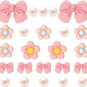 DFORD Pink Bow Shoe Charms for Girls, 24PCS Cute Flower Pearl Accessories for Clog Sandals