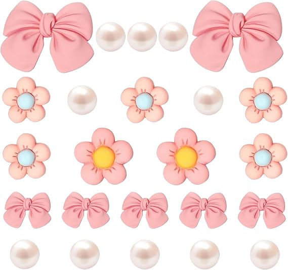DFORD Pink Bow Shoe Charms for Girls, 24PCS Cute Flower Pearl Accessories for Clog Sandals