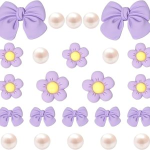 DFORD Pink Bow Shoe Charms for Girls, 24PCS Cute Flower Pearl Accessories for Clog Sandals