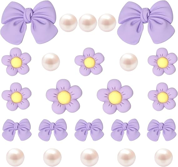 DFORD Pink Bow Shoe Charms for Girls, 24PCS Cute Flower Pearl Accessories for Clog Sandals