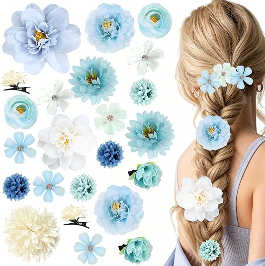 DFORD 23pc silk flower hair clips set for women girls Colorful Mini Rose Barrettes Boho Floral Hair Accessories for Bride Wedding Party Cosplay Photography (White and Blue)