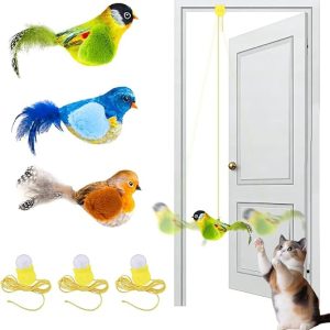 DFORD 3 Pack Interactive Cat Toys with Chirping Bird Sound Door Frame Cat Toy Hanging Teaser Automatic Cat Door Toy for Indoor Cats Feather Toy for Bored Cats