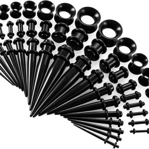 DFORD 50 Pcs Ear Stretching Kit Acrylic Tapers Plugs and Silicone Tunnels 14G-00G Black Ear Gauges Kit for Men Women Lightweight Starter Ear Expander Set