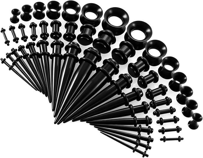 DFORD 50 Pcs Ear Stretching Kit Acrylic Tapers Plugs and Silicone Tunnels 14G-00G Black Ear Gauges Kit for Men Women Lightweight Starter Ear Expander Set