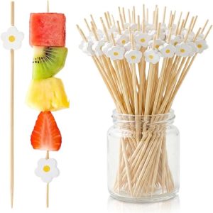 DFORD 100PCS Flower Bamboo Cocktail Picks 4.7 Inch Decorative Toothpicks for Appetizers Fruit Cupcakes and Drinks Disposable Wooden Skewers for Party Easter Birthday Tea Party