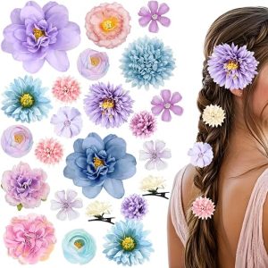 DFORD 23pc silk flower hair clips set for women girls Colorful Mini Rose Barrettes Boho Floral Hair Accessories for Bride Wedding Party Cosplay Photography (Purple and Blue)