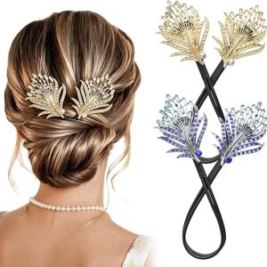 DFORD 2PCS hair bun maker accessories women twist bun tool french clip elegant flower - Feather Rhinestone easy updo c