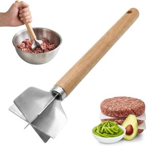 DFORD 304 Stainless Steel Meat Chopper with Wooden Handle, 6 Blade Ground Beef Masher