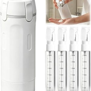 DFORD 4 in 1 Travel Bottles for Toiletries Leak Proof Pump Dispenser Set - Refillable Travel Containers with Labels an