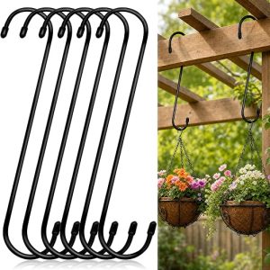 DFORD 6 Pack 12 Inch S Hooks Heavy Duty Metal Hanging Hooks, Large Black Iron S Shaped Hooks for Hanging Plants