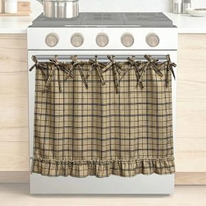 DFORD Farmhouse Oven Skirt for Kitchen Decor - Khaki Check Stove Handle Cover Curtain with Lace Ruffle and 8 Ribbon Ti