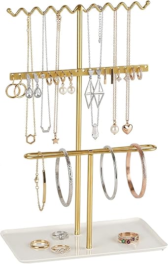 DFORD Jewelry Organizer Stand Necklace Holder Gold - Anti Tangle Wave Design Earring Bracelet Ring Storage for Women G